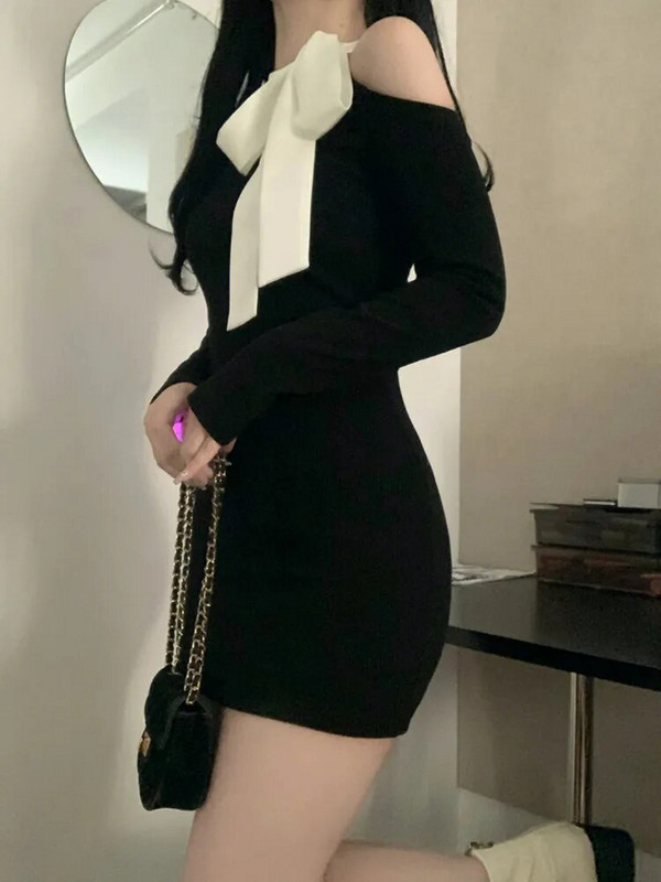 Woherb, lankas, suvarstomas iš kaklo, moteriškas, seksualus, juodas, elegantiškas suknelės ilgomis rankovėmis, korėjietiškos mados, moteriškos „Bodycon Vestidos“