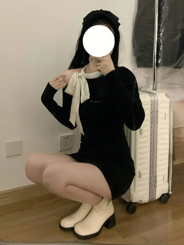 Woherb, lankas, suvarstomas iš kaklo, moteriškas, seksualus, juodas, elegantiškas suknelės ilgomis rankovėmis, korėjietiškos mados, moteriškos „Bodycon Vestidos“