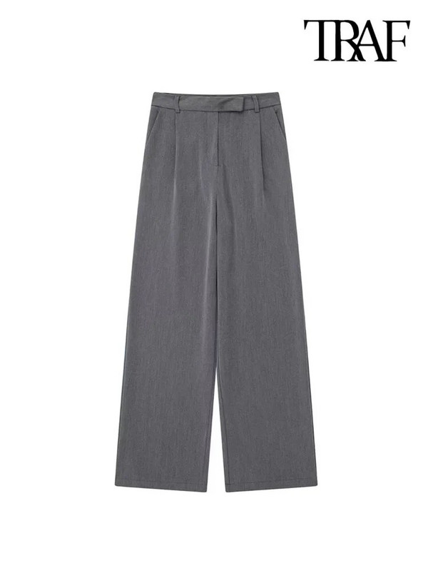 TRAF naiste mood koos noolemänguga esitaskud Laiad säärepüksid Vintage kõrge vöökohaga tõmblukk Fly Naiste püksid Mujer
