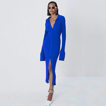 Y2k Clothes Women Maxi Knitted Sweater Dress Lady Elegant Turn Down Collar Midi Split Slim Bodycon Long Dress с дълъг ръкав 2023