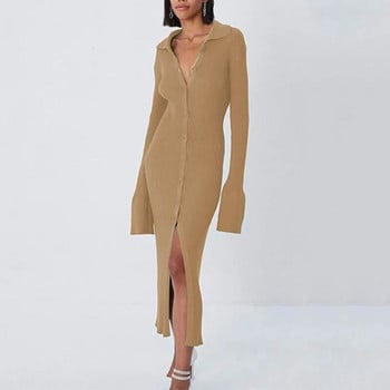 Y2k Clothes Women Maxi Knitted Sweater Dress Lady Elegant Turn Down Collar Midi Split Slim Bodycon Long Dress с дълъг ръкав 2023