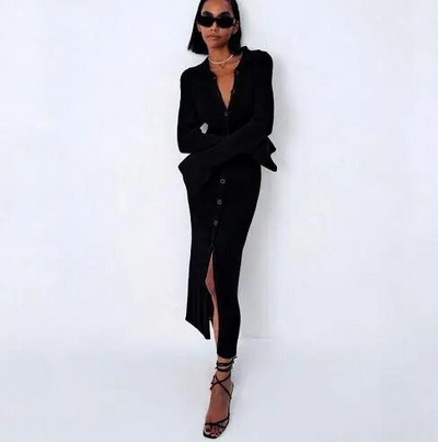 Y2k Clothes Naiste Maxi silmkoeline kampsun Kleit Naiste Elegantne Turn Down Kraega Midi Split õhuke pikkade varrukatega Bodycon pikk kleit 2023