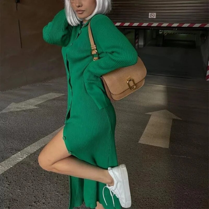 Y2k Clothes Naiste Maxi silmkoeline kampsun Kleit Naiste Elegantne Turn Down Kraega Midi Split õhuke pikkade varrukatega Bodycon pikk kleit 2023