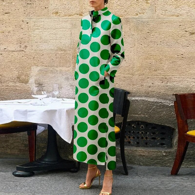 Sügisene vabaaja täppprinteriga täpikleit Moodne pikkade varrukatega A-kujuline kleit Elegantne kaelataskuga sirge kleit naistele