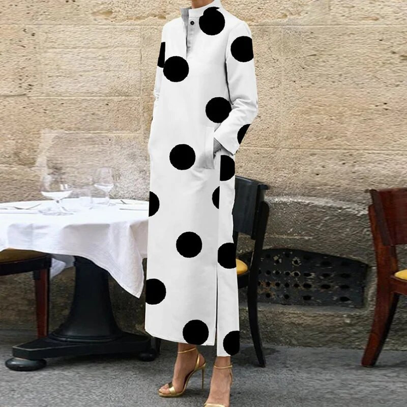 Sügisene vabaaja täppprinteriga täpikleit Moodne pikkade varrukatega A-kujuline kleit Elegantne kaelataskuga sirge kleit naistele