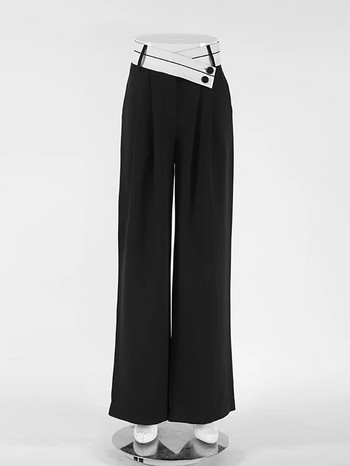Mnealways18 Пачуърк широки панталони Дамски черни контрастни ежедневни панталони с висока талия Есен Зима 2023 г. широки панталони за офис дами