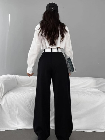 Mnealways18 Пачуърк широки панталони Дамски черни контрастни ежедневни панталони с висока талия Есен Зима 2023 г. широки панталони за офис дами