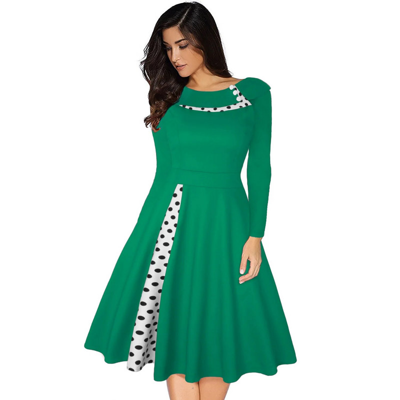 Vintage női ruha Rockabilly pöttyös mintás szexi patchwork hosszú ujjú, magas derekú swing alkalmi party Midi Vestidos köntös