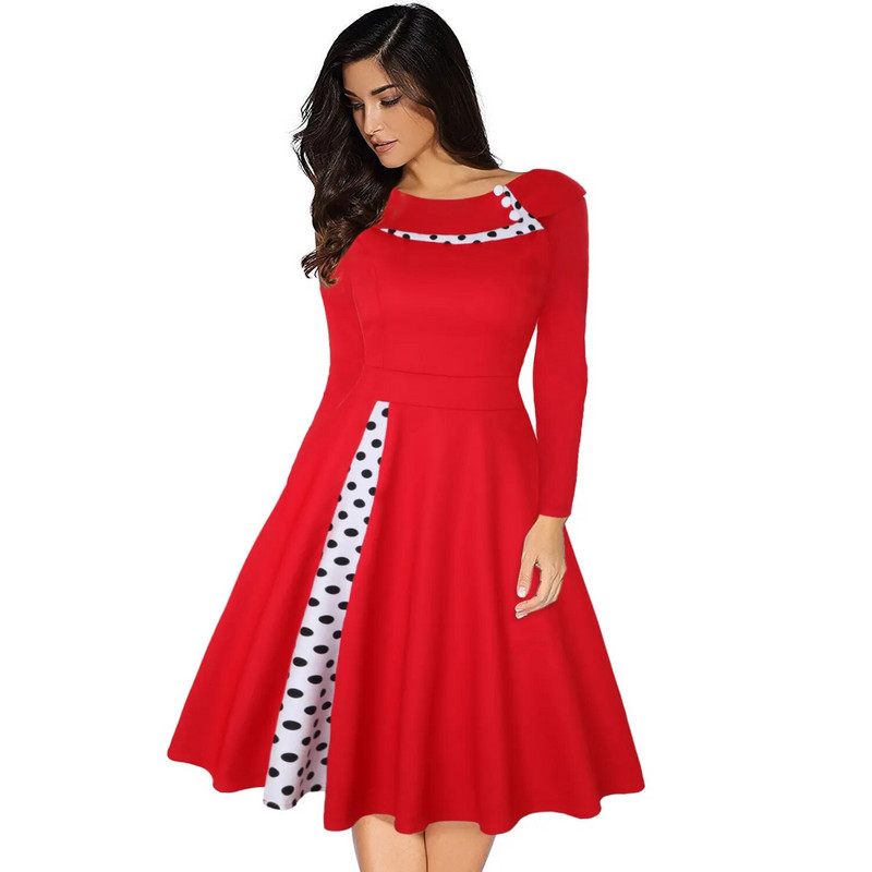 Vintage női ruha Rockabilly pöttyös mintás szexi patchwork hosszú ujjú, magas derekú swing alkalmi party Midi Vestidos köntös