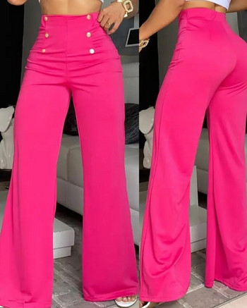 Летни панталони Дамски декор с копчета Висока талия Широки панталони Елегантни широки панталони Корейска мода Streetwear