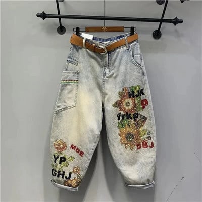 Pantaloni harem din denim cu diamante imprimați pentru femei, primăvară vară europeană, îmbrăcăminte de stradă, talie elastică, blugi, vaqueros