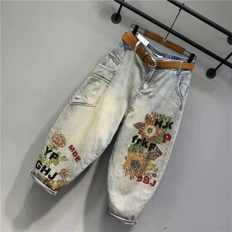 Euroopa kevadsuvi uued naiste trükitud teemant-teksapüksid haaremipüksid naiste mood tänavarõivad elastne vöökoht issi teksad Vaqueros