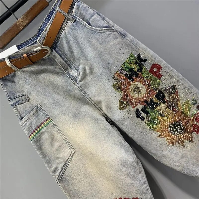 Euroopa kevadsuvi uued naiste trükitud teemant-teksapüksid haaremipüksid naiste mood tänavarõivad elastne vöökoht issi teksad Vaqueros