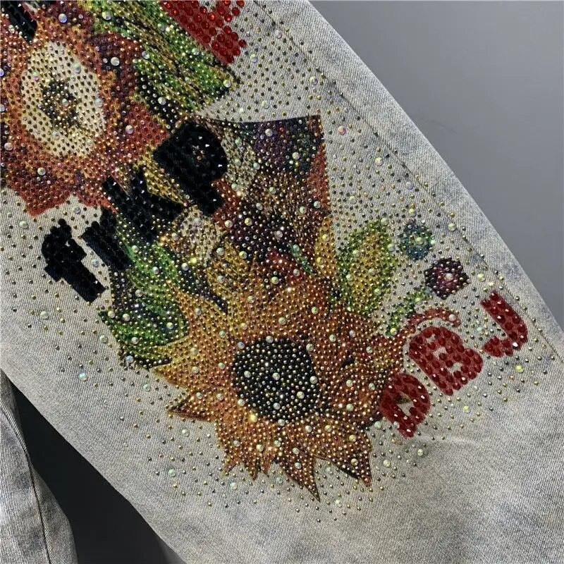 Euroopa kevadsuvi uued naiste trükitud teemant-teksapüksid haaremipüksid naiste mood tänavarõivad elastne vöökoht issi teksad Vaqueros