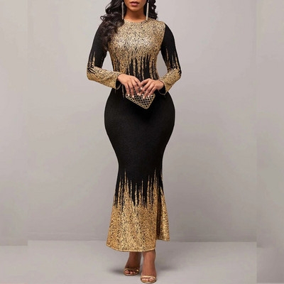 Elegantna bronzana svjetlucava duga haljina za žene O izrez, torba s dugim rukavima i visokim strukom, Haljine uz bok, sirena, večernji ogrtač