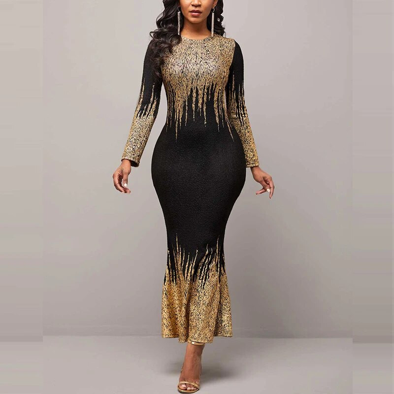 Elegantna bronzana svjetlucava duga haljina za žene O izrez, torba s dugim rukavima i visokim strukom, Haljine uz bok, sirena, večernji ogrtač