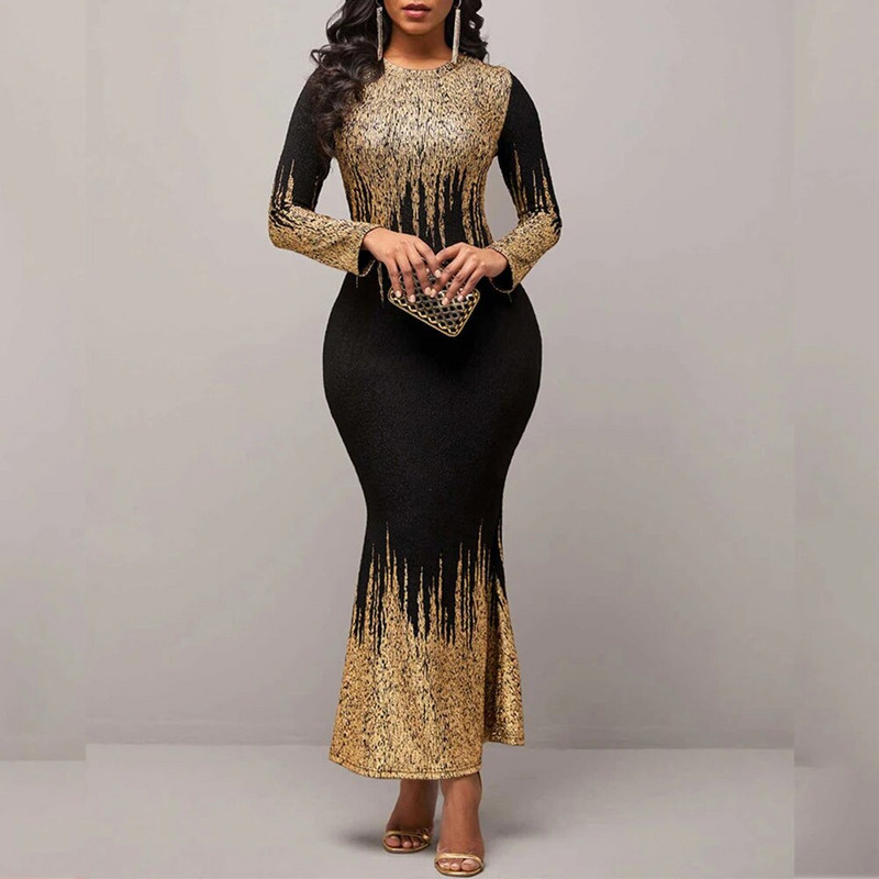 Elegantna bronzana svjetlucava duga haljina za žene O izrez, torba s dugim rukavima i visokim strukom, Haljine uz bok, sirena, večernji ogrtač