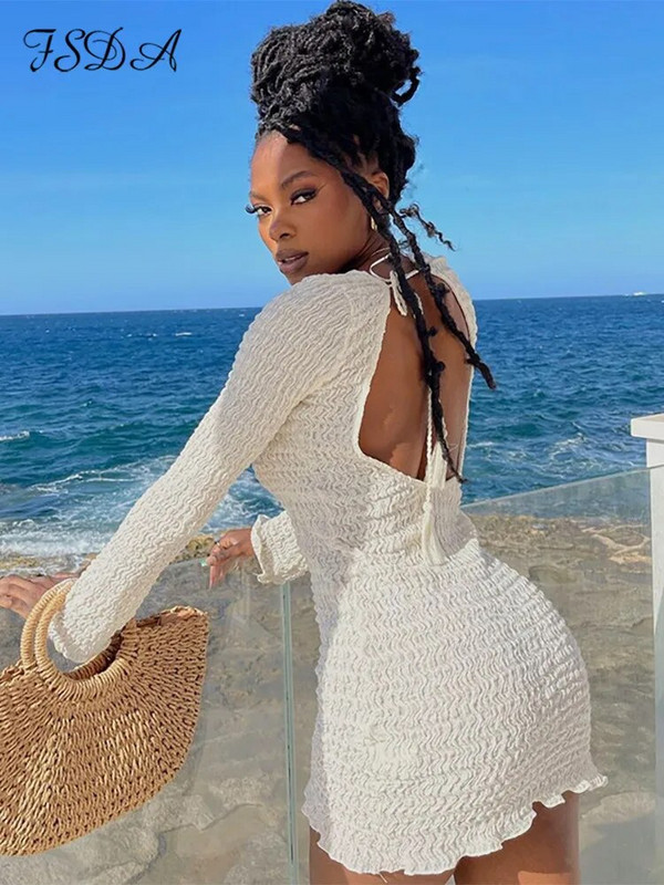 FSDA 2022 suvine sügisene seljata kleit Bodycon seksikas pikkade varrukatega valge naiste kleidid Beach Party Club 2022 vabaaja kleit