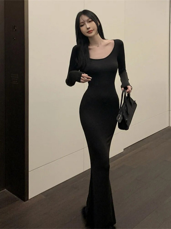 Seksuali, plona moteriška suknelė su ilgomis rankovėmis O formos iškirpte, klubų komplektas, moteriškos trimitinės suknelės 2023 m. rudens, universalus moteriškas chalatas