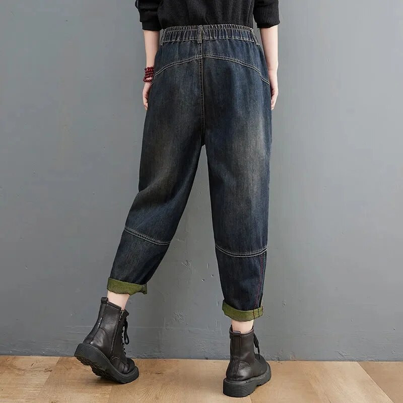 Kõrge vöökohaga vanaaegsed kirjanduslikud teksad Naiste kevadised ja sügisesed lahtised õhukesed haaremipüksid, naiste teksapüksid