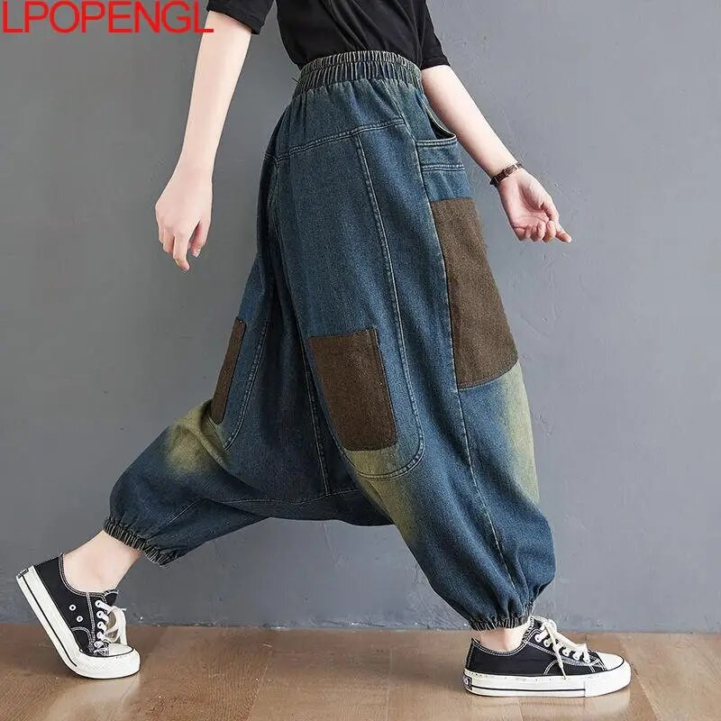 Nauji Baggy Oversize džinsai Moteriški džinsiniai laisvalaikio kryžminės kelnės moteriškos vintažinės haremo kelnės Streetwear Bloomers Mom džinsai aukštu juosmeniu