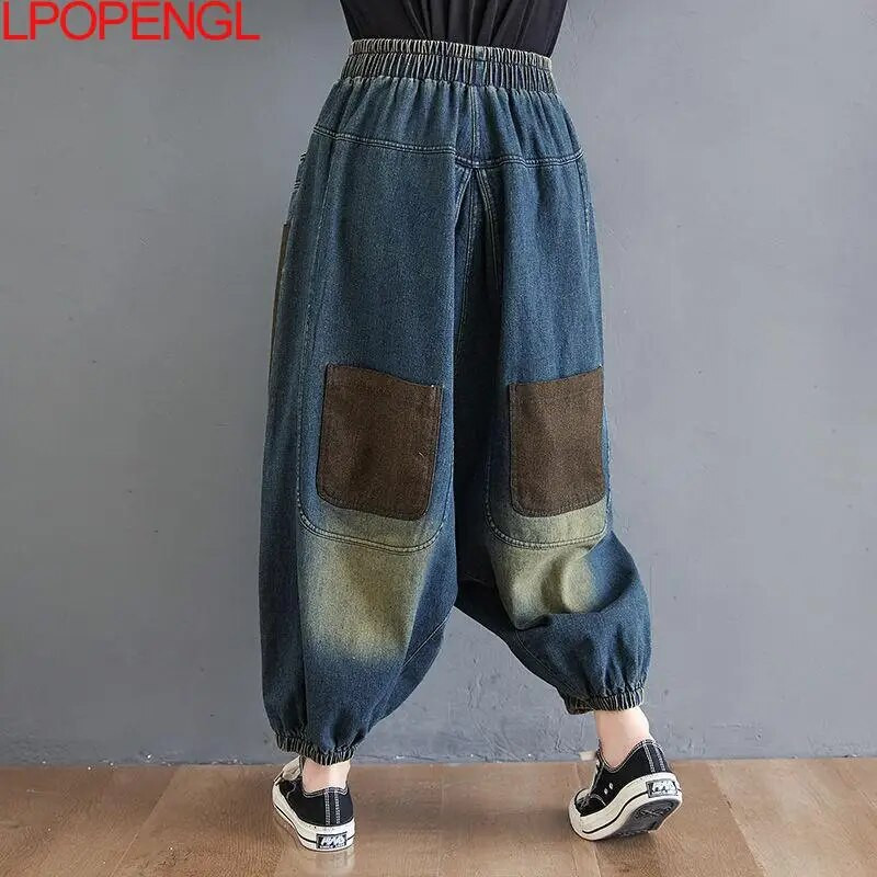 Nauji Baggy Oversize džinsai Moteriški džinsiniai laisvalaikio kryžminės kelnės moteriškos vintažinės haremo kelnės Streetwear Bloomers Mom džinsai aukštu juosmeniu