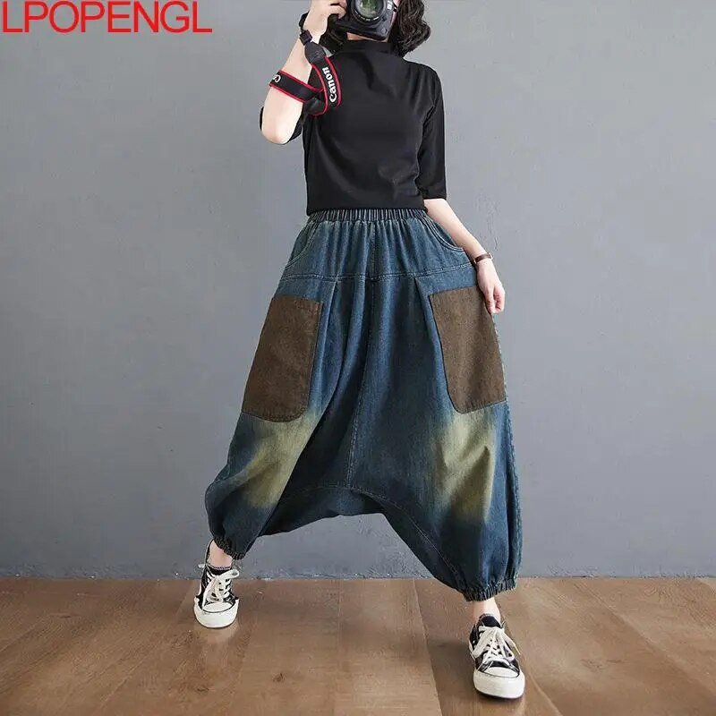 Nauji Baggy Oversize džinsai Moteriški džinsiniai laisvalaikio kryžminės kelnės moteriškos vintažinės haremo kelnės Streetwear Bloomers Mom džinsai aukštu juosmeniu