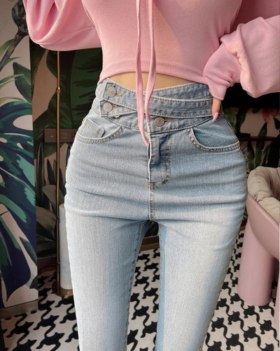 Tänavarõivad Naiste teksad Helesinised pitsilised kõrge vöökohaga pliiatspüksid Mom Elastne Denim Korea seksikas Pantalones Naiste püksid