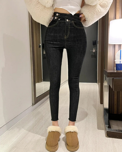 Tänavarõivad Naiste teksad Helesinised pitsilised kõrge vöökohaga pliiatspüksid Mom Elastne Denim Korea seksikas Pantalones Naiste püksid