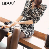 Jesen Zima Seksi modne mini pripijene haljine s printom Ženske duge rukave s V-izrezom Ogromna uska haljina Prom Robe Vestidos