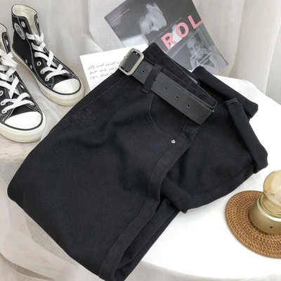 Su diržu Korėjos aukšto juosmens Harem Džinsai Moteriški Kulkšnys Laisvi Patogios Mom Kelnės Madingos Vienspalvės Moteriškos džinsinės kelnės