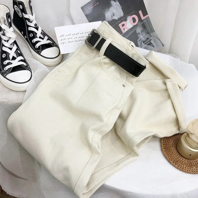 Su diržu Korėjos aukšto juosmens Harem Džinsai Moteriški Kulkšnys Laisvi Patogios Mom Kelnės Madingos Vienspalvės Moteriškos džinsinės kelnės