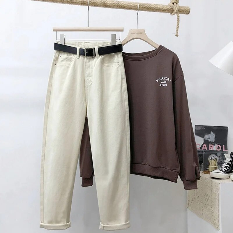 Su diržu Korėjos aukšto juosmens Harem Džinsai Moteriški Kulkšnys Laisvi Patogios Mom Kelnės Madingos Vienspalvės Moteriškos džinsinės kelnės