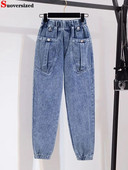 Ljetne duge gležnjeve, elastične harem traperice visokog struka, široke široke traper hlače od 85 kg, plave Vaqueros ležerne ženske hlače s gumbima