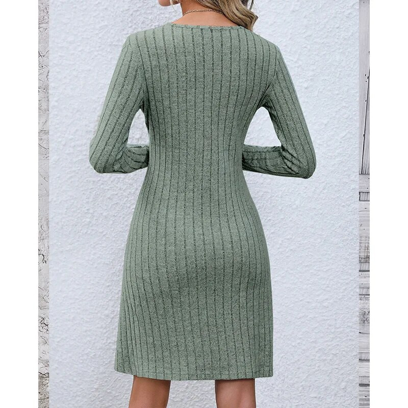Jesen i zima Elegantna modna nova nježna šik haljina Ženske vintage jednobojne jednobojne V izrez dugih rukava dugih rukava Midi pletene haljine