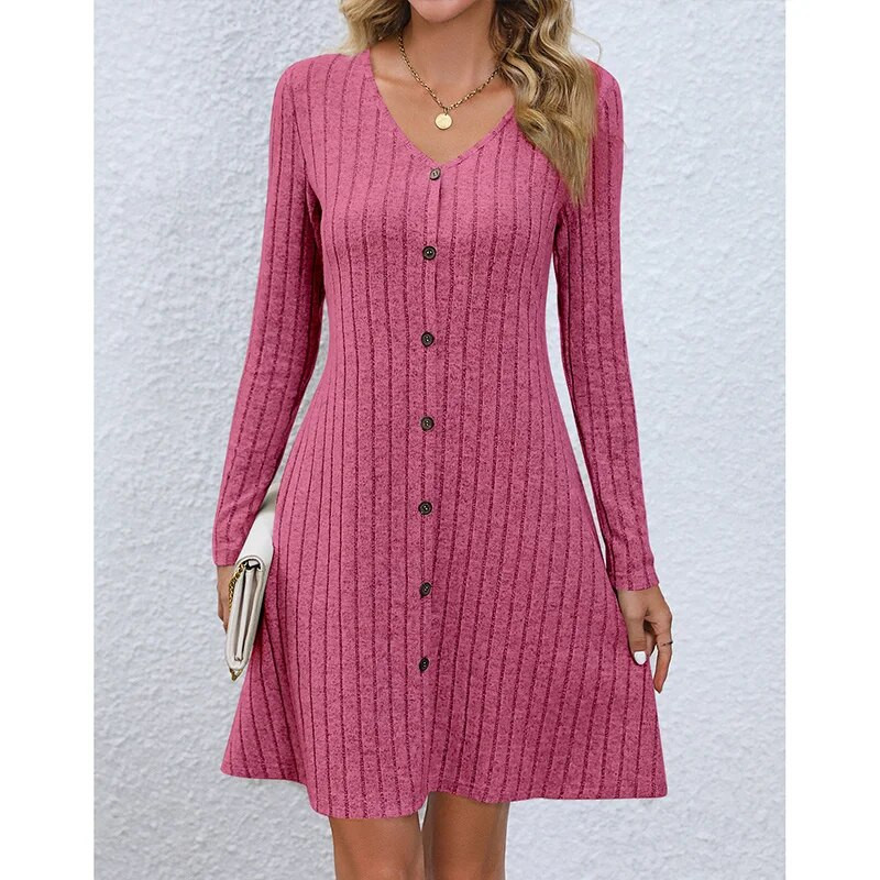 Jesen i zima Elegantna modna nova nježna šik haljina Ženske vintage jednobojne jednobojne V izrez dugih rukava dugih rukava Midi pletene haljine