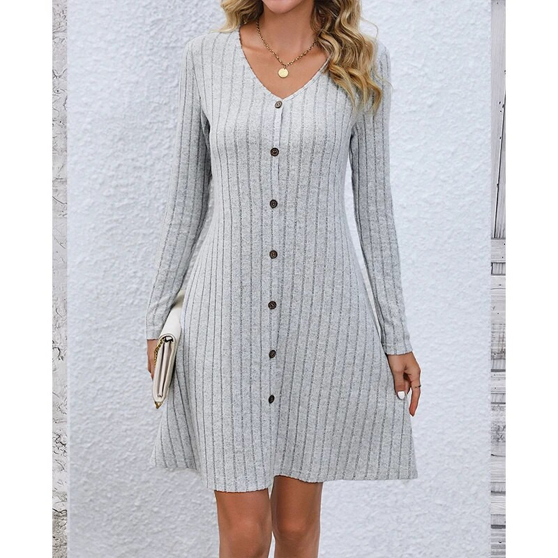 Jesen i zima Elegantna modna nova nježna šik haljina Ženske vintage jednobojne jednobojne V izrez dugih rukava dugih rukava Midi pletene haljine