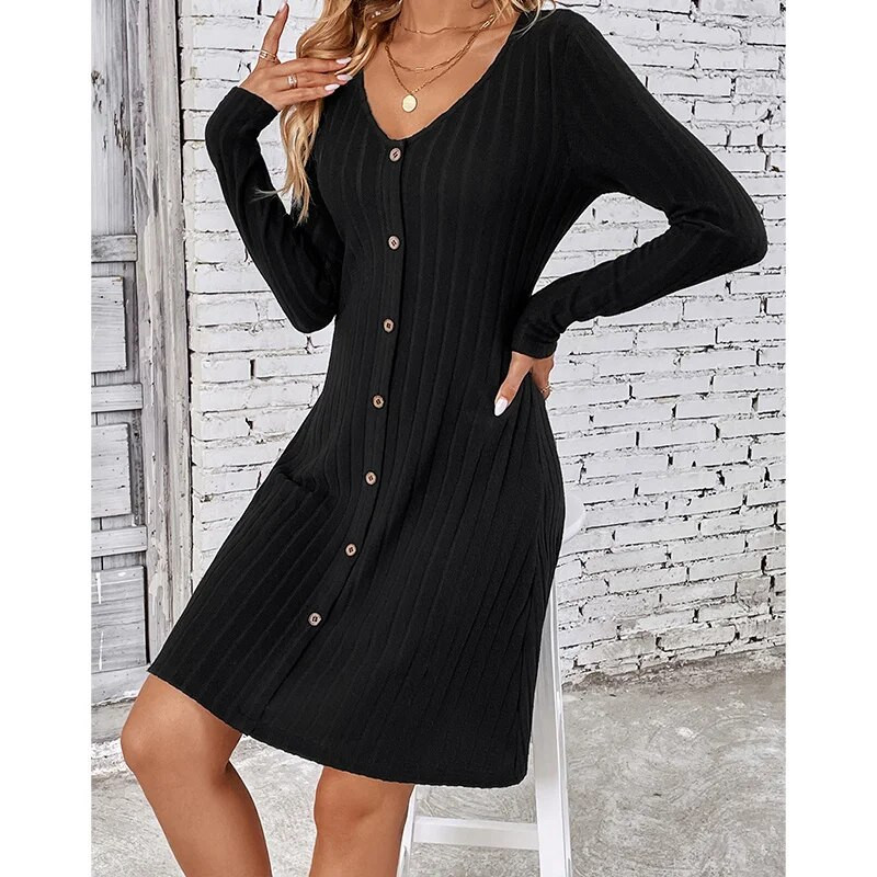 Jesen i zima Elegantna modna nova nježna šik haljina Ženske vintage jednobojne jednobojne V izrez dugih rukava dugih rukava Midi pletene haljine