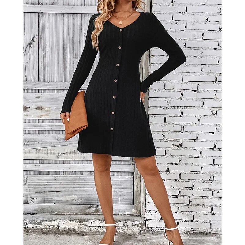 Jesen i zima Elegantna modna nova nježna šik haljina Ženske vintage jednobojne jednobojne V izrez dugih rukava dugih rukava Midi pletene haljine