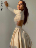 Haljina dugih rukava Plisirana svečana haljina Crna haljina uz kroj Jesen Zima Izrezana ulična odjeća Božićna odjeća Mini haljina bez leđa