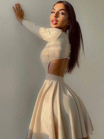 Haljina dugih rukava Plisirana svečana haljina Crna haljina uz kroj Jesen Zima Izrezana ulična odjeća Božićna odjeća Mini haljina bez leđa