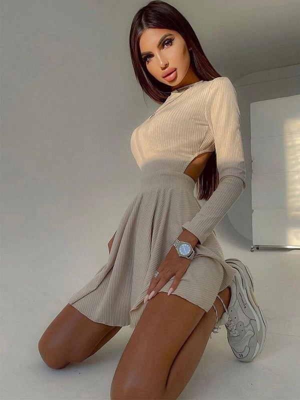 Haljina dugih rukava Plisirana svečana haljina Crna haljina uz kroj Jesen Zima Izrezana ulična odjeća Božićna odjeća Mini haljina bez leđa