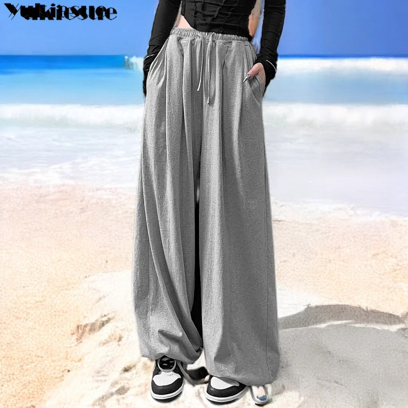 Pilkos bėgimo kelnės Moteriškos krovininės kelnės medvilnės korėjietiškos Y2K vasarinės Harajuku aukšto juosmens juodos moteriškos kelnės plačios kelnės
