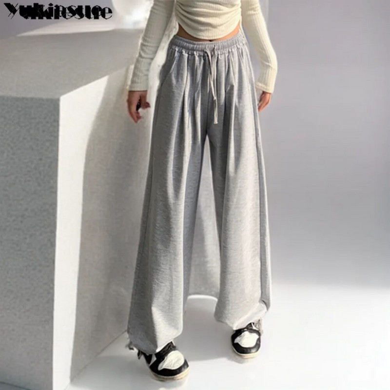 Pilkos bėgimo kelnės Moteriškos krovininės kelnės medvilnės korėjietiškos Y2K vasarinės Harajuku aukšto juosmens juodos moteriškos kelnės plačios kelnės