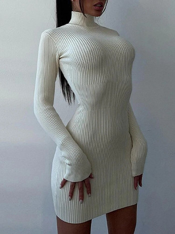 Πλεκτό γυναικείο φόρεμα με ζιβάγκο Φθινοπωρινό χειμωνιάτικο μακρυμάνικο Bodycon φορέματα μίντι Γυναικείο κομψό μονόχρωμο στενό φόρεμα