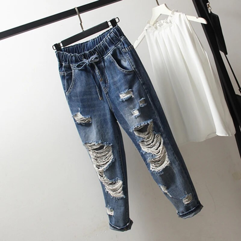 Vasaros Korėjos mados moteriškos elastinės juosmens laisvos Jean Capri kelnės Vintažiniai plėšyti džinsai, tinkami laisvalaikio džinsiniai kelnės Harem S512