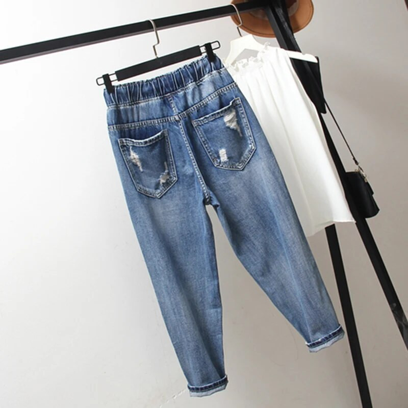 Vasaros Korėjos mados moteriškos elastinės juosmens laisvos Jean Capri kelnės Vintažiniai plėšyti džinsai, tinkami laisvalaikio džinsiniai kelnės Harem S512