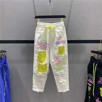 High Street Summer New Women Denim Jeans Скъсани дънки Feminino Rock Letters Print Pants Denim Trousers Capris BF Jeans