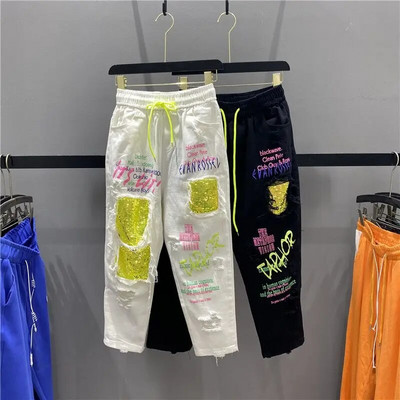 High Street Summer New Women Jeans Denim Blugi rupti Feminino Rock Letters Print Pantaloni Pantaloni Denim Pantaloni Capris BF Jeans