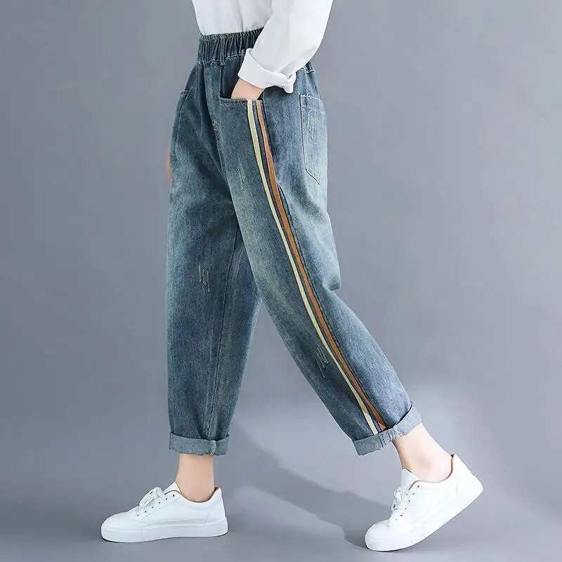 Helesinised kottis haaremi teksad Mom Elegant vabaaja elastne vöökoht 86-90 cm Capris teksapüksid Korea mood šikk kauboi pantaloonid